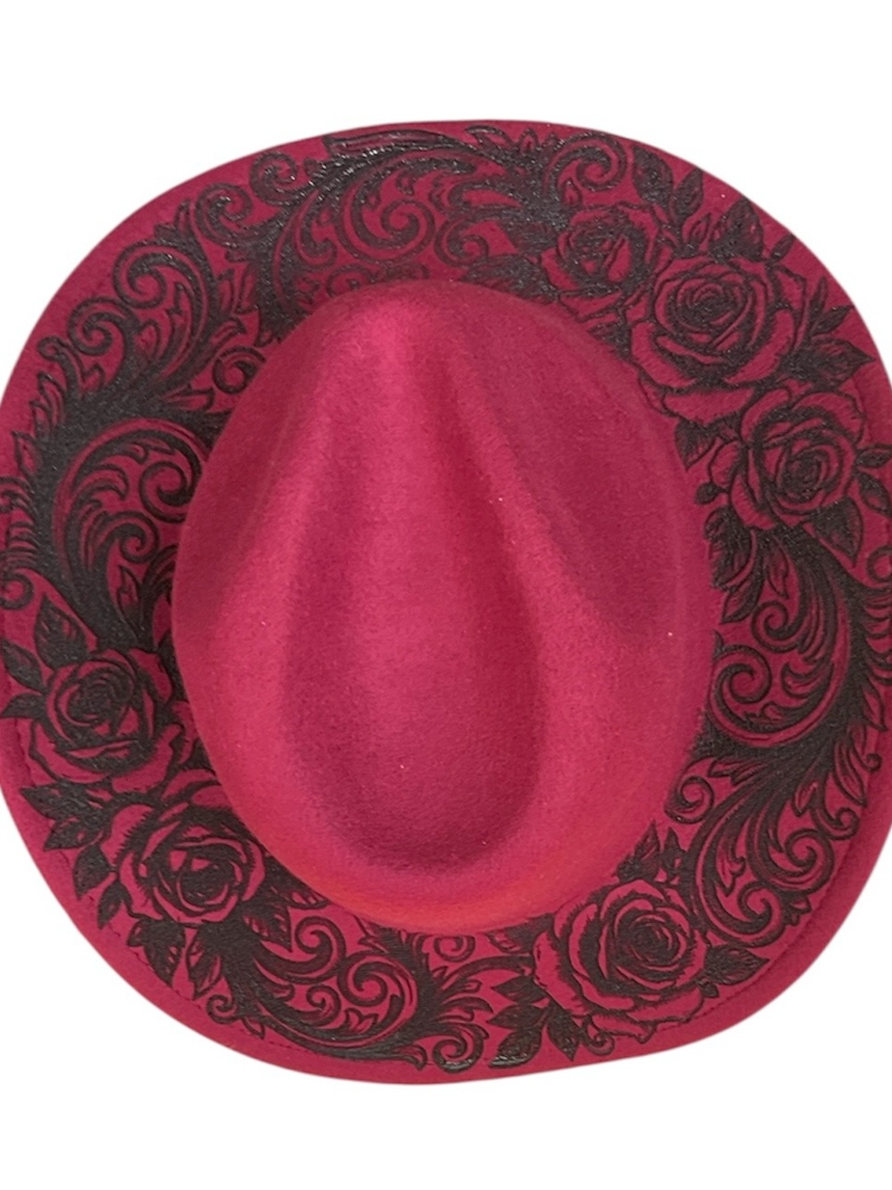 Women's Raspberry Felt Fedora with Black Floral Trim